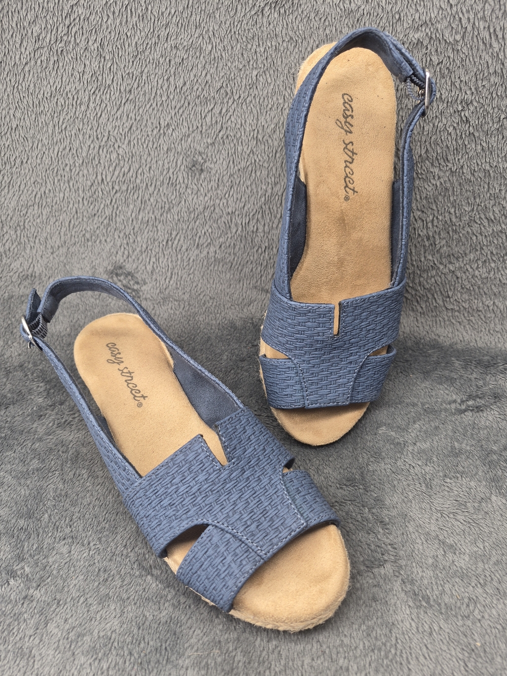 Easy Street Resort Wedge Espadrille Sandals 5.5 Navy Woven Basket Colorway